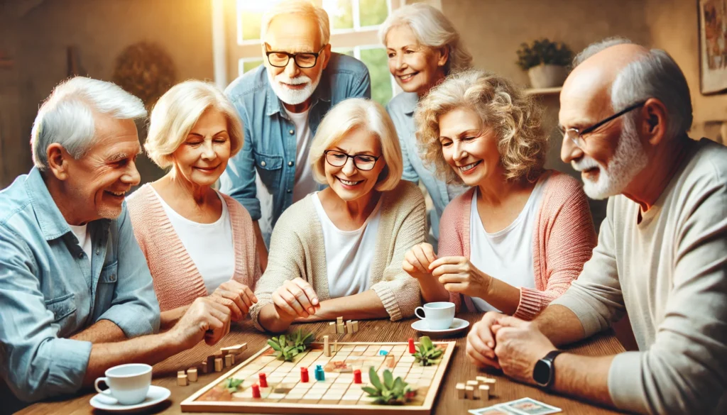 A group of elderly friends gathered around a table, enjoying a fun and challenging board game, engaging in a social and mentally stimulating activity in a cozy living room.