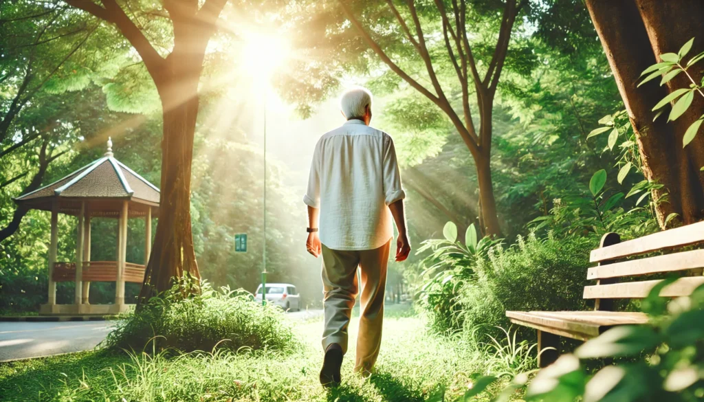 An elderly man walking through a peaceful park, surrounded by lush greenery and fresh air, promoting brain health and relaxation through mindful physical activity.