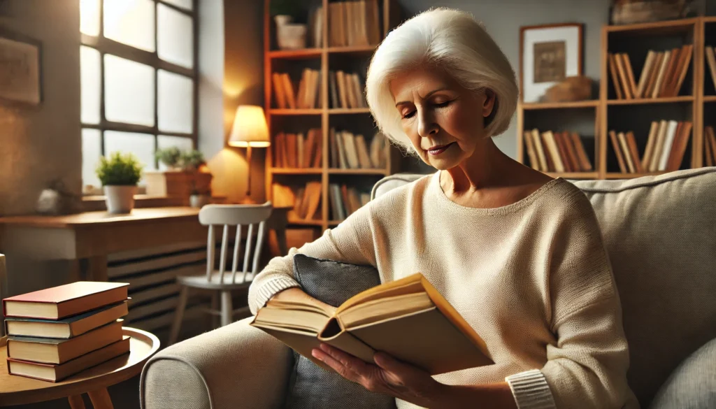 An elderly woman sitting in a cozy reading nook, deeply focused on a book, promoting brain health and cognitive engagement in a warm, peaceful home setting.