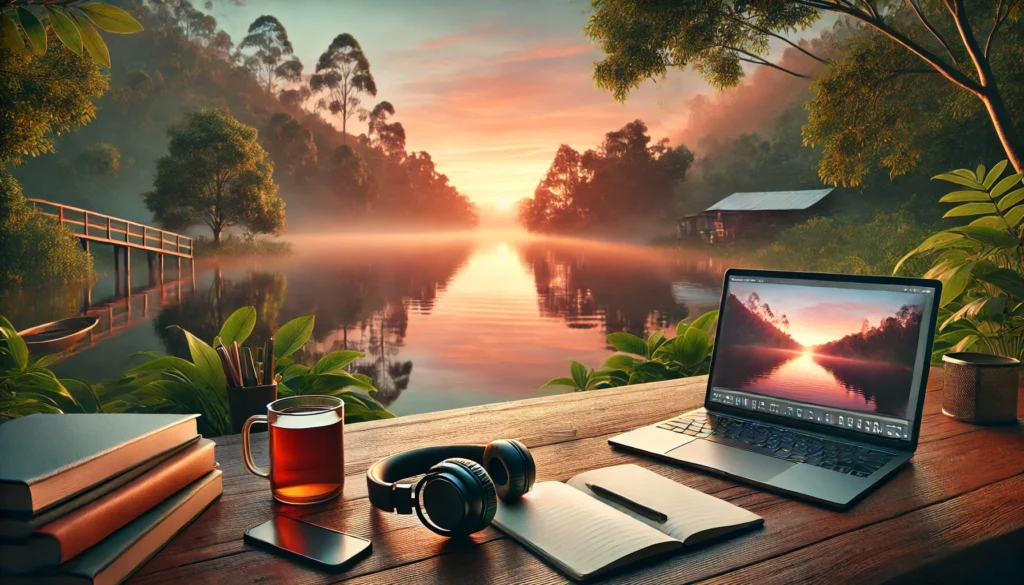 A peaceful lakeside study setting at dawn, featuring a wooden table with a notebook, headphones, and a mug of tea. The calm lake reflects the soft hues of the sunrise, surrounded by lush greenery, evoking tranquility and focus.