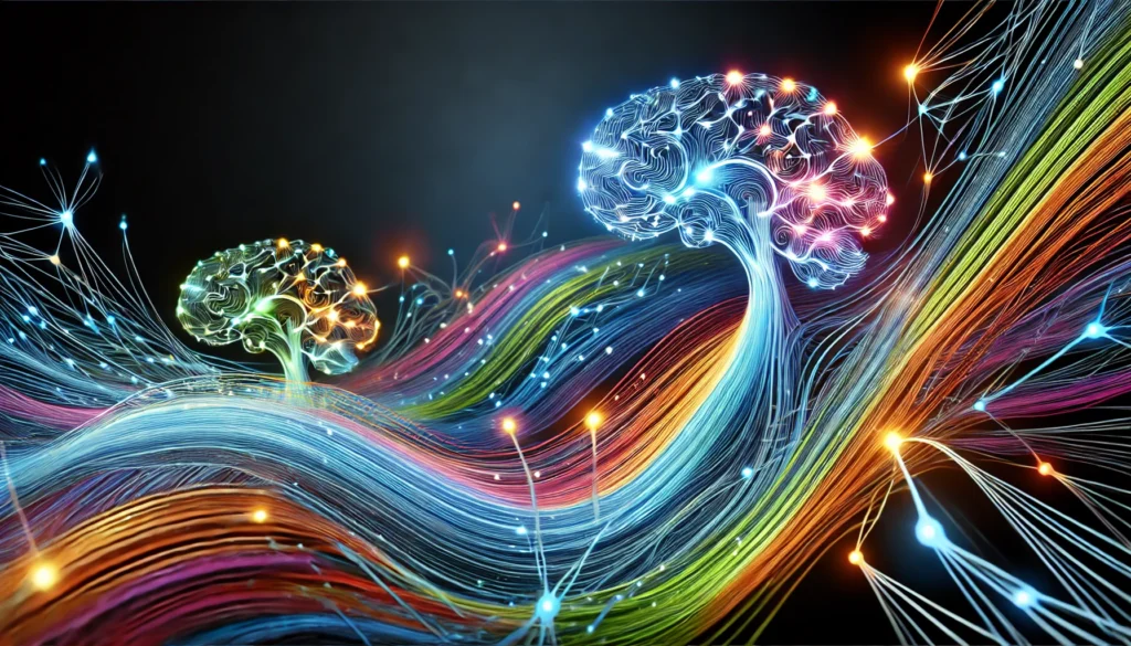 Abstract representation of interconnected neural networks with colorful flowing lines and bright synaptic connections, illustrating the strengthening of memory and cognitive pathways.