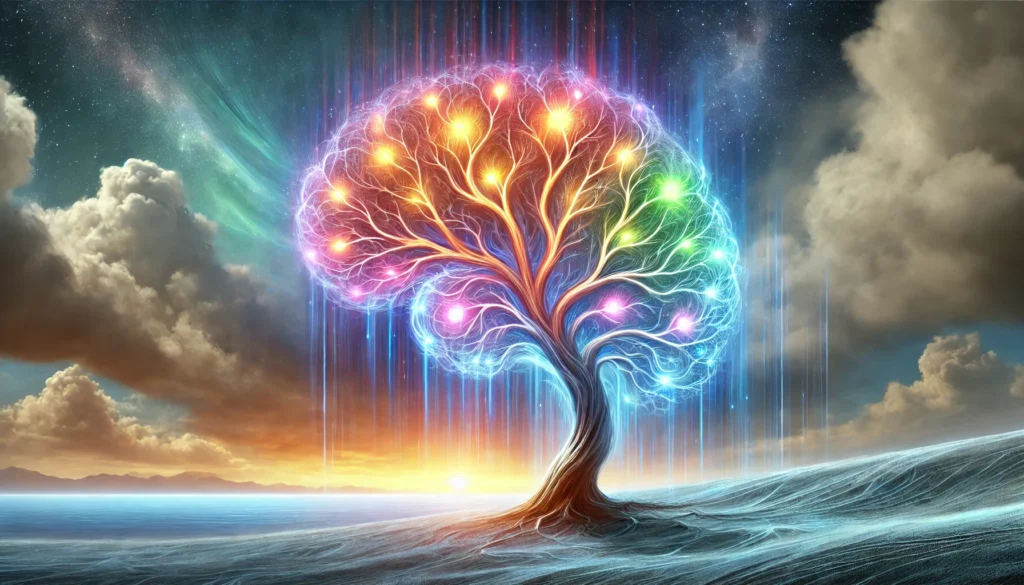 Surreal landscape featuring a luminous tree with neural pathway-like branches glowing in vibrant colors, depicting memory enhancement and cognitive growth through adult learning.