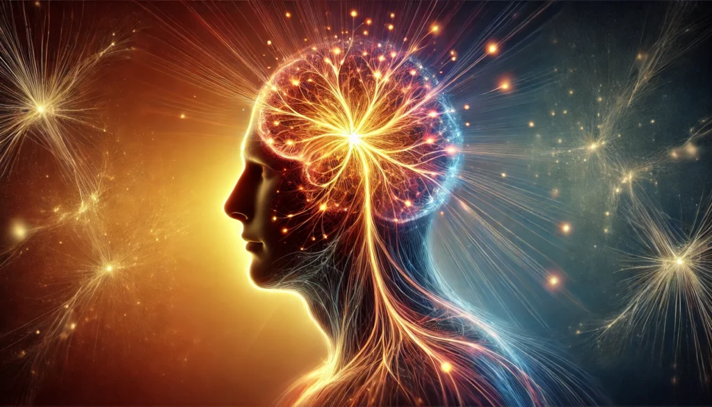 Artistic visualization of a human silhouette with radiant neural connections extending from the head, set against a warm and cool gradient background, symbolizing improved memory and strengthened neural pathways.