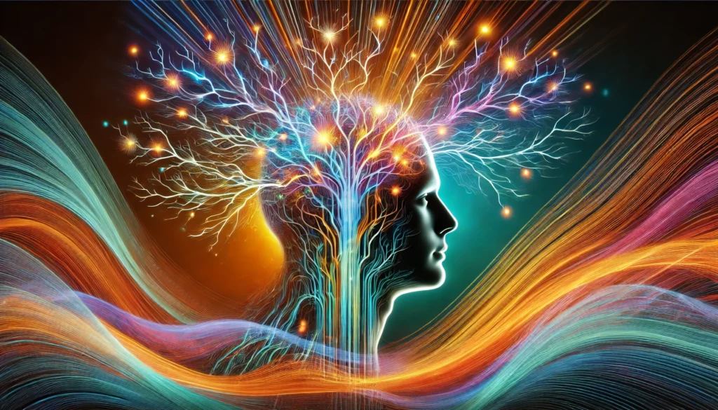 Human silhouette with illuminated neural networks branching from the head, surrounded by colorful waves representing strengthened neural pathways and improved cognitive clarity through effective learning methods.
