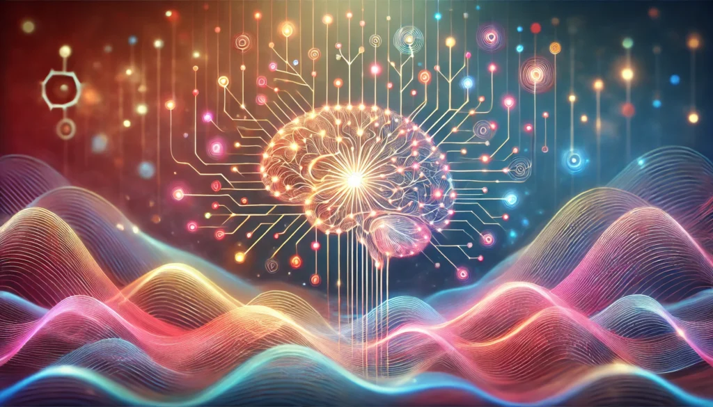 Interconnected glowing neurons forming a complex network, surrounded by soft colorful waves symbolizing knowledge flow, enhanced memory, and cognitive development through brain-based strategies.