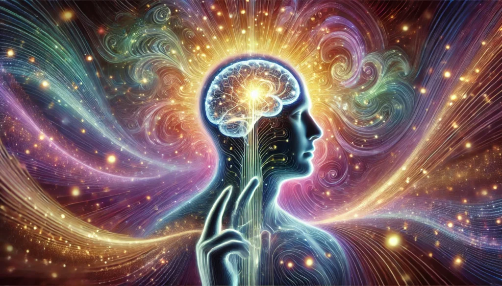 Human figure with a glowing brain and radiant neural pathways extending outward, surrounded by swirling colorful waves, representing improved memory, recall, and cognitive enhancement through effective learning techniques.