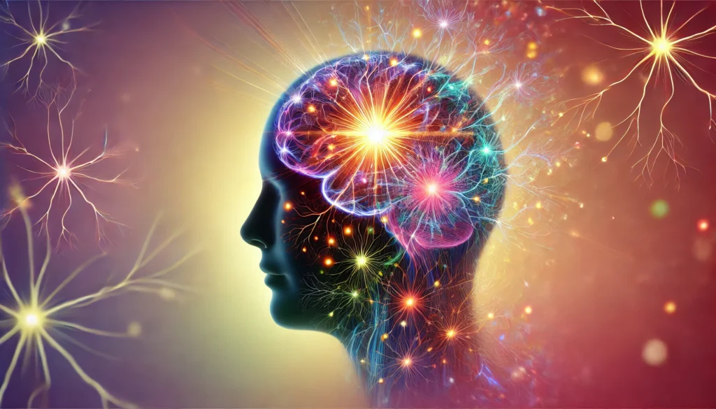 A human head silhouette with radiant neural connections and bright synapses, representing enhanced memory, recall, and cognitive growth through continuous adult learning.