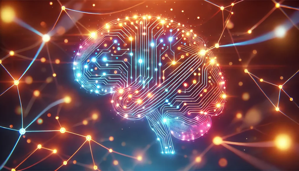 Interconnected glowing lines forming a brain pattern with illuminated nodes, visualizing strengthened neural pathways and cognitive development with a serene gradient background.