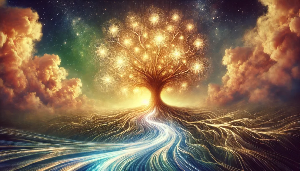 A dreamlike scene of a glowing tree with intricate branches, symbolizing the interconnectedness of long-term personal memories. The shimmering leaves radiate golden light, while deep roots extend into a flowing river, representing subconscious recollection under a twilight-hued sky.