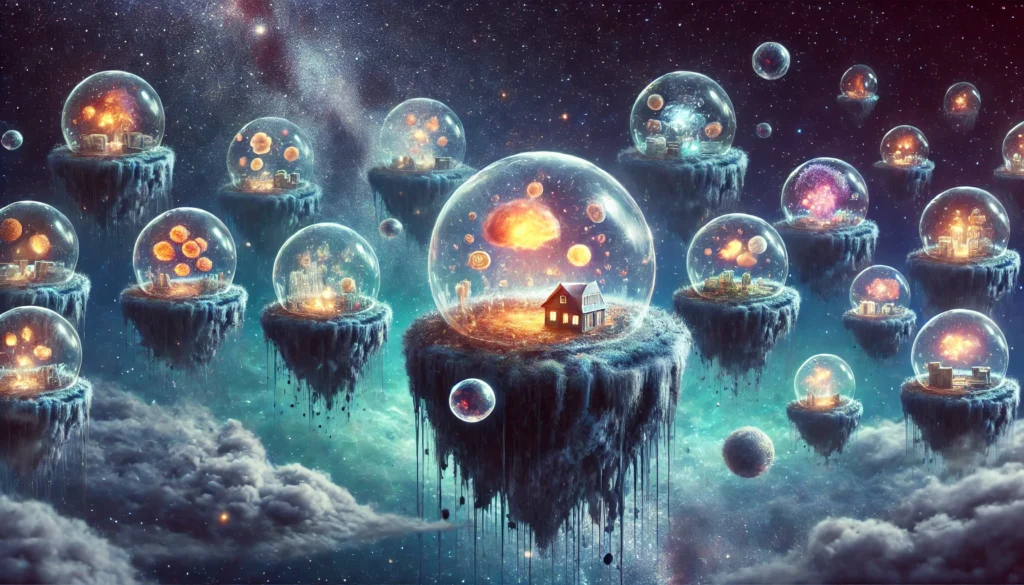An abstract cosmic visualization of long-term memory, where floating islands hold translucent domes containing personal experiences. The background is a deep space environment with nebulae and stars, emphasizing the vast and interconnected nature of human memory.