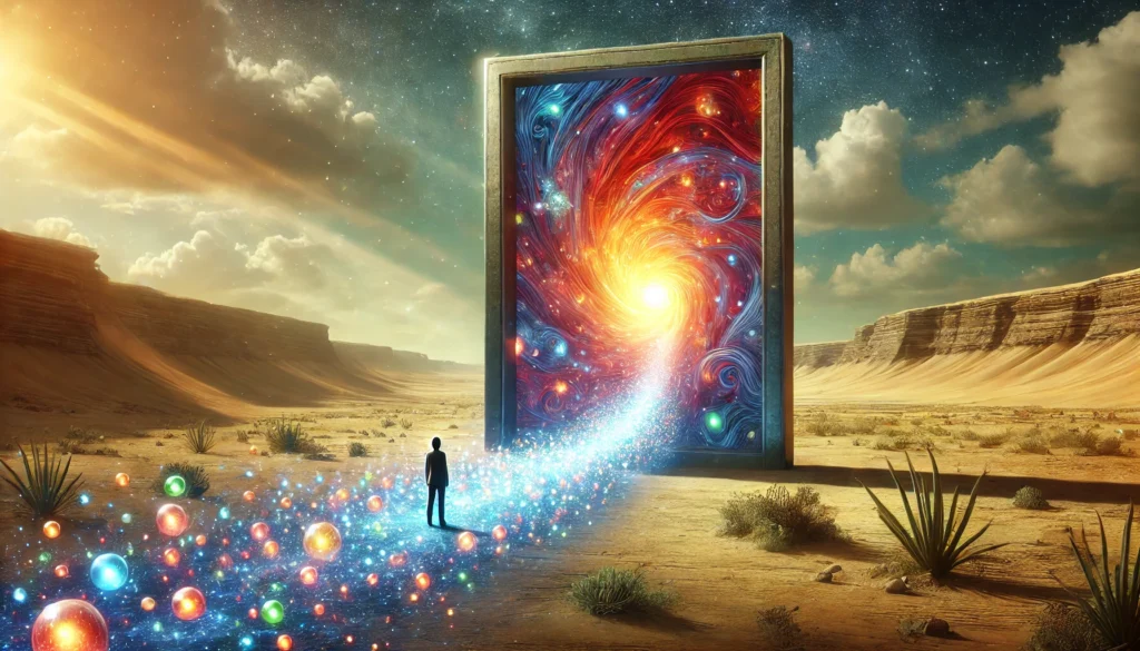 A surreal depiction of memory retrieval, showing a lone figure before a giant glowing door in a vast desert. The door opens into a swirling tunnel of colorful light, filled with floating orbs containing fragments of personal experiences, symbolizing the rediscovery of long-term memories.