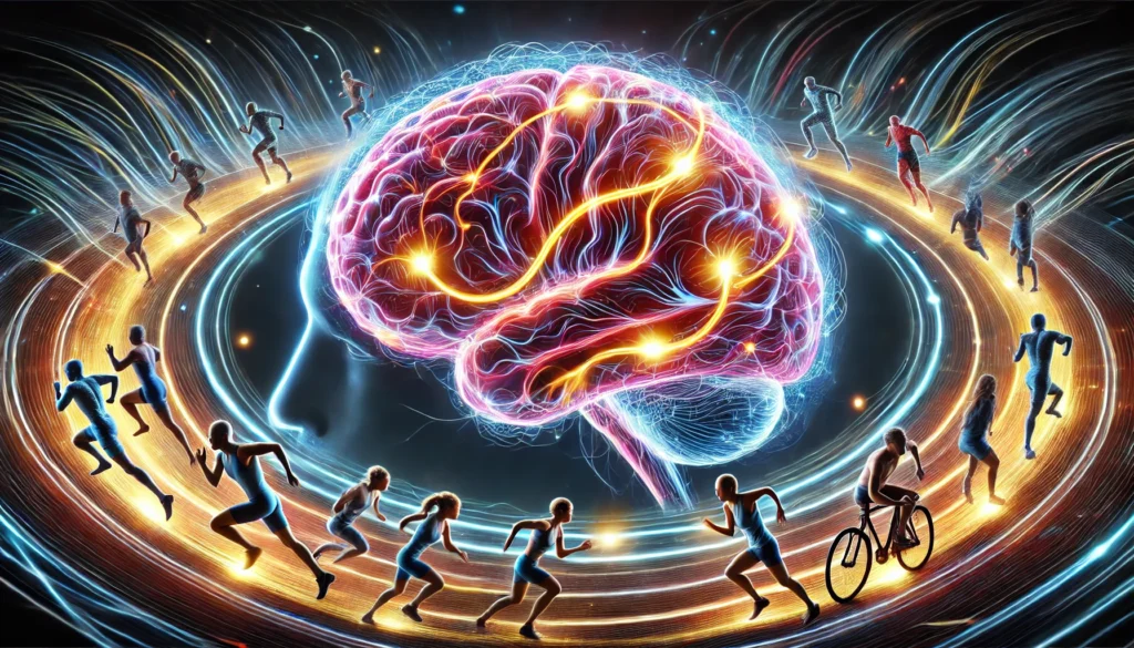 An artistic representation of a human brain seamlessly integrated with a glowing circuit of running tracks, with athletes in motion symbolizing the strengthening of neural pathways through exercise. Light pulses flow along the tracks, illustrating cognitive enhancement.