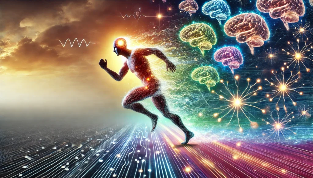 A surreal depiction of a person in mid-sprint, their body morphing into an intricate glowing neural network. The background transitions from a foggy state to a clear, vibrant atmosphere, symbolizing mental clarity and improved cognitive function gained through exercise.