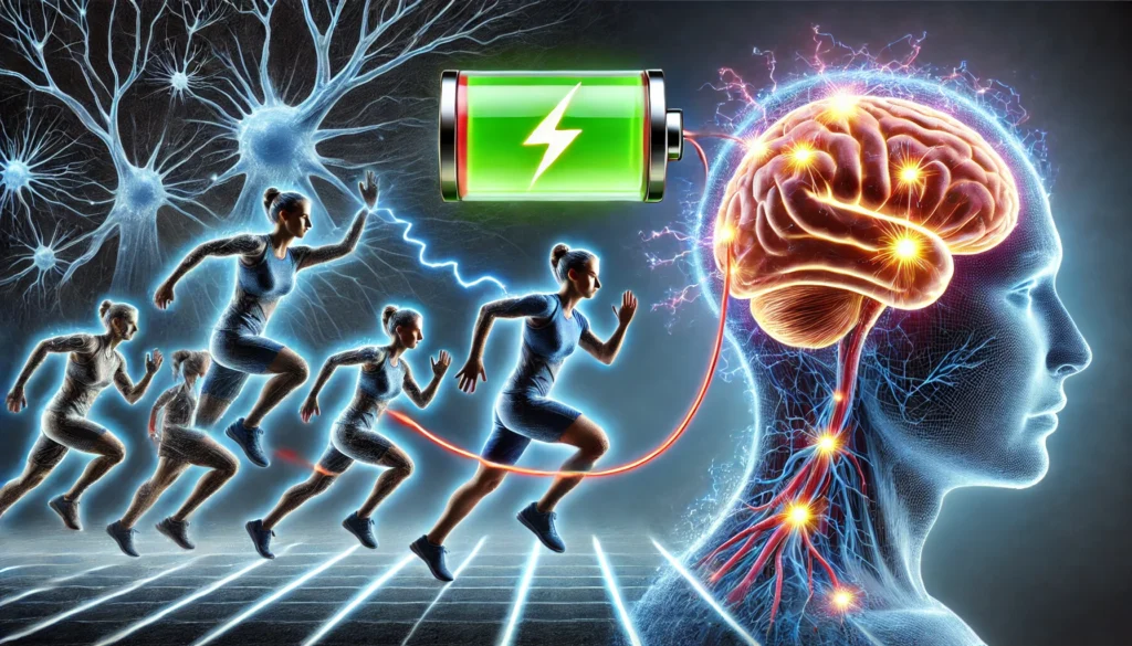 A futuristic visualization of a human brain being charged like a battery while an athlete performs exercises. Electric pulses and energy trails connect the athlete's movements to the brain, depicting the cognitive boost and mental rejuvenation achieved through physical activity.