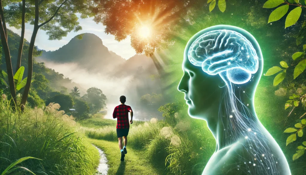 A person exercising outdoors in the morning, jogging along a scenic path with lush greenery. The fresh air and movement symbolize natural ways to enhance brain performance and reduce brain fog through physical activity.