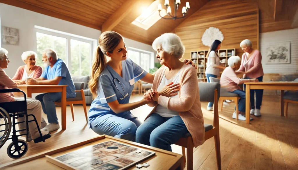 A compassionate scene in a memory care facility where a caregiver gently assists an elderly woman with dementia in a daily routine, while other residents engage in calming activities like painting, puzzles, and light exercises.