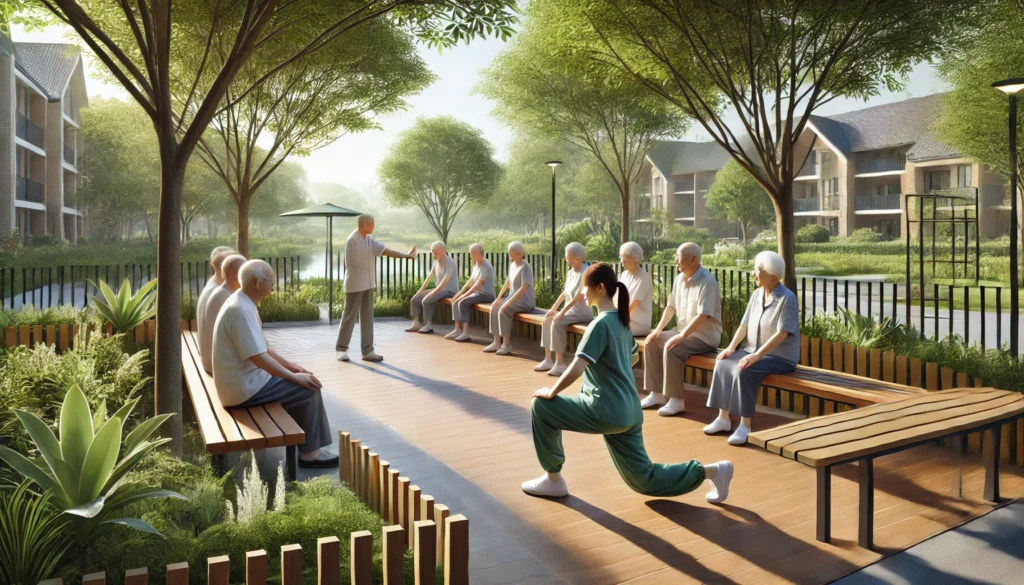 An outdoor memory care community space featuring elderly individuals engaged in light exercise and social interactions, with a caregiver guiding a stretching routine amid a serene setting with pathways, greenery, and a water feature.