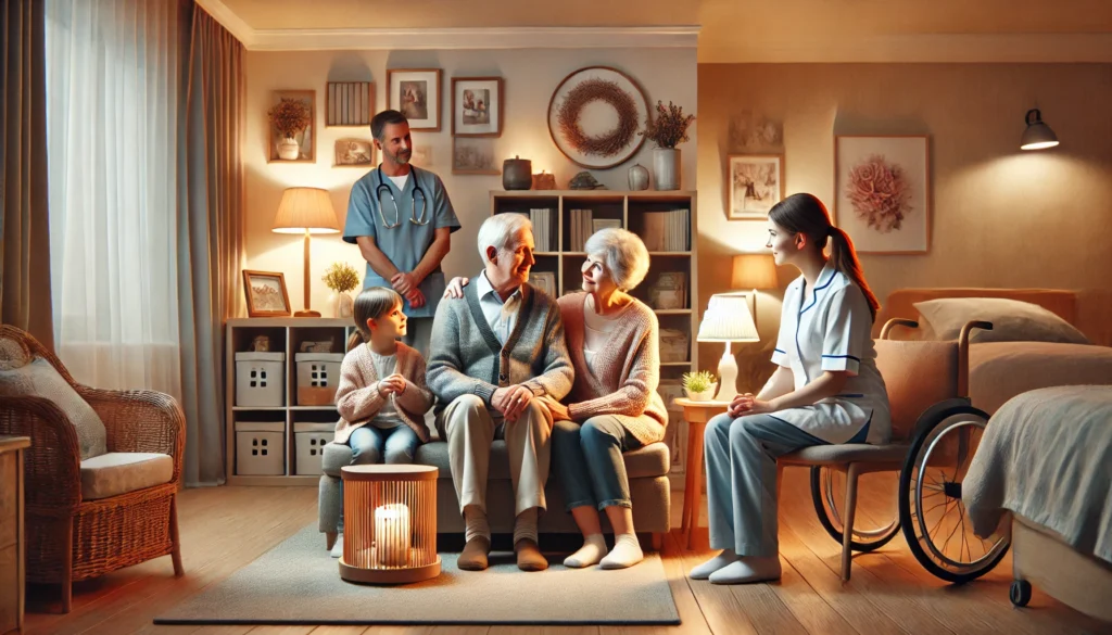 A cozy memory care room where an elderly man with dementia shares a heartfelt moment with his family, surrounded by personal items and warm lighting, as a caregiver provides supportive presence in the background.
