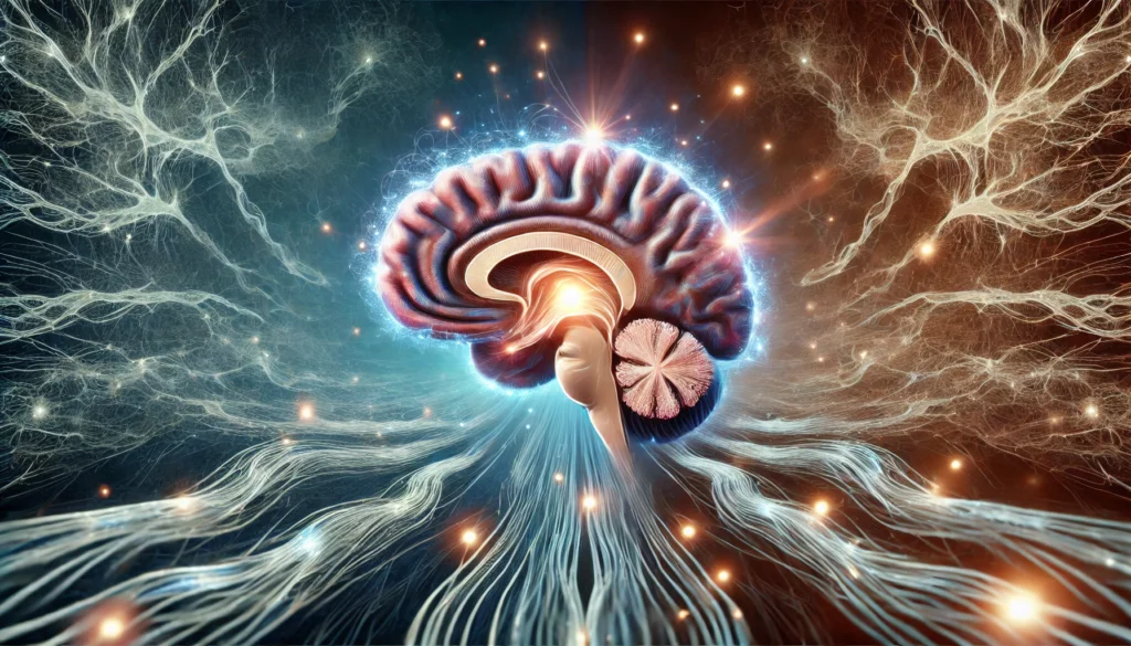 A surreal depiction of the hippocampus, the brain's memory center, glowing amidst intricate neural circuits. The luminous structure symbolizes memory storage and retrieval, set against a dreamlike, abstract brain landscape.