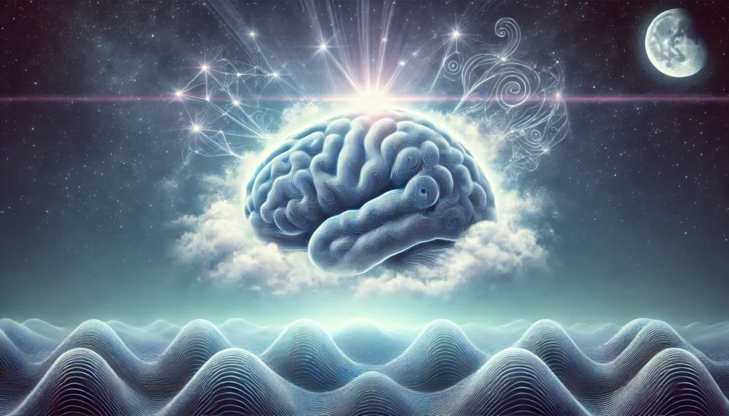 A conceptual illustration of sleep aiding memory consolidation. The human brain is enveloped in a soft glow, with neural pathways being reinforced against a tranquil night sky, symbolizing deep sleep stages that enhance memory retention.