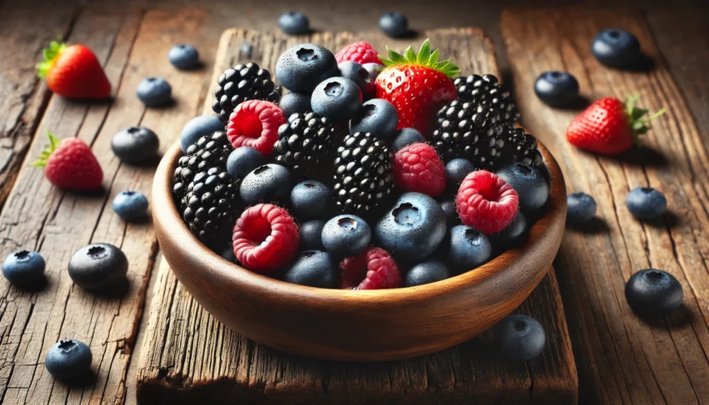A realistic close-up of fresh blueberries, blackberries, and raspberries, neatly arranged in a wooden bowl on a rustic kitchen countertop, highlighting their role in brain cell regeneration and cognitive function.