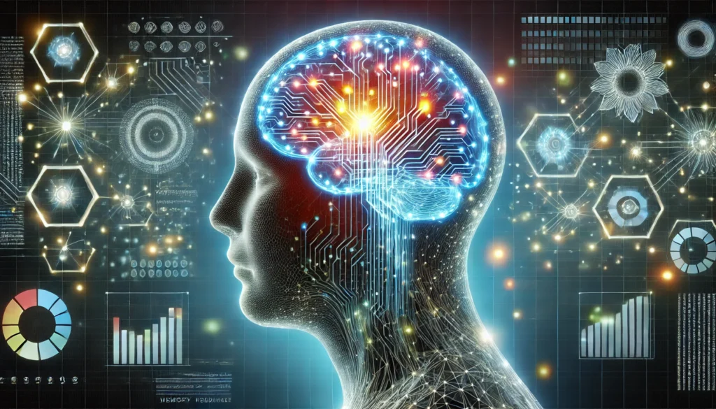 A transparent human silhouette with glowing neural pathways and floating digital memory patterns, symbolizing memory recall exercises and mental agility.