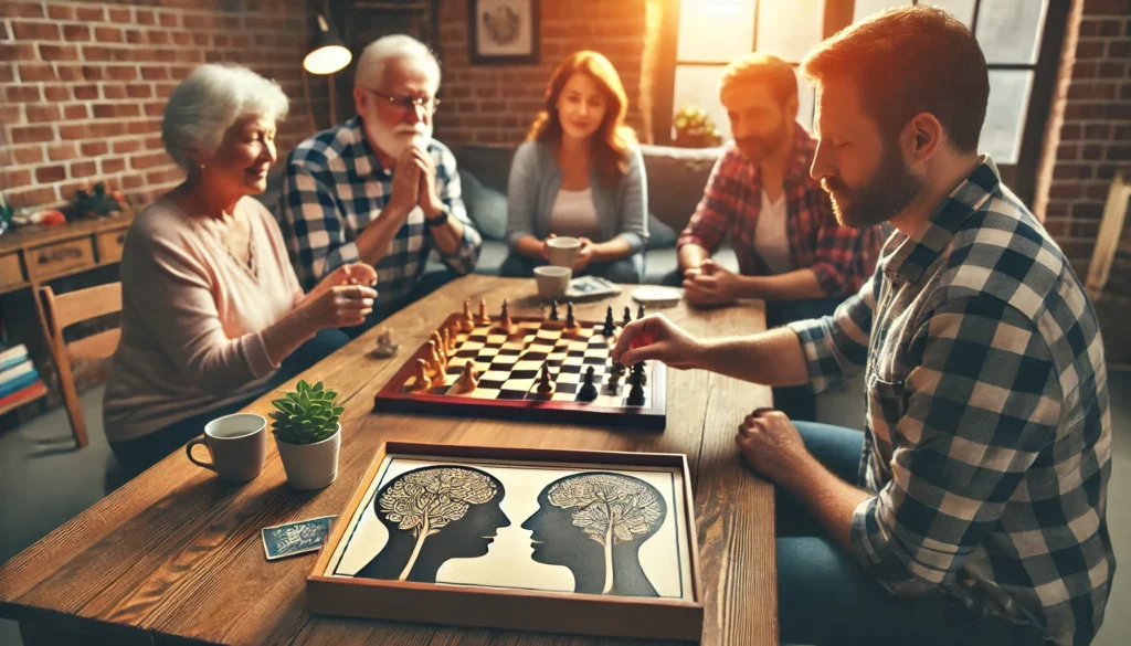 A group of people engaged in a memory-enhancing group activity, such as a board game, in a cozy, well-lit environment. The scene conveys mental stimulation, social interaction, and cognitive improvement.