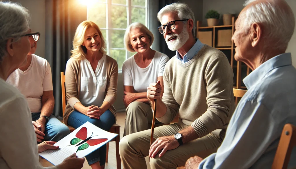 A senior man participating in a group memory therapy session, engaging in a storytelling exercise with peers and a therapist. The room is warm and inviting, fostering social interaction and cognitive stimulation, highlighting the benefits of group therapy for memory improvement.