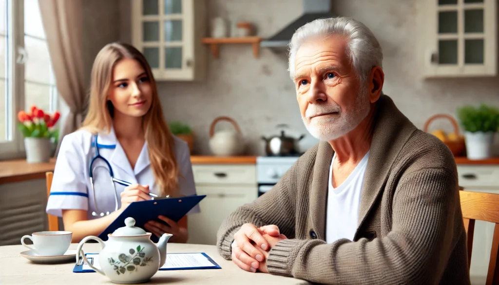 A senior man with a distant gaze sits at a kitchen table, while his wife in the background speaks to a caregiver. The caregiver, a professional-looking person with a warm demeanor, holds a clipboard and discusses care options. A teapot and flowers on the table add a homely touch.