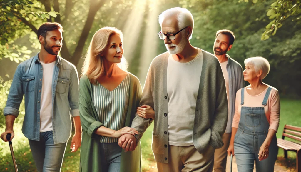 An elderly man with dementia walks in a park with his wife and a support group. His wife holds his arm gently while the group walks together, engaged in conversation. Sunlight filters through the trees, creating a peaceful and supportive atmosphere.