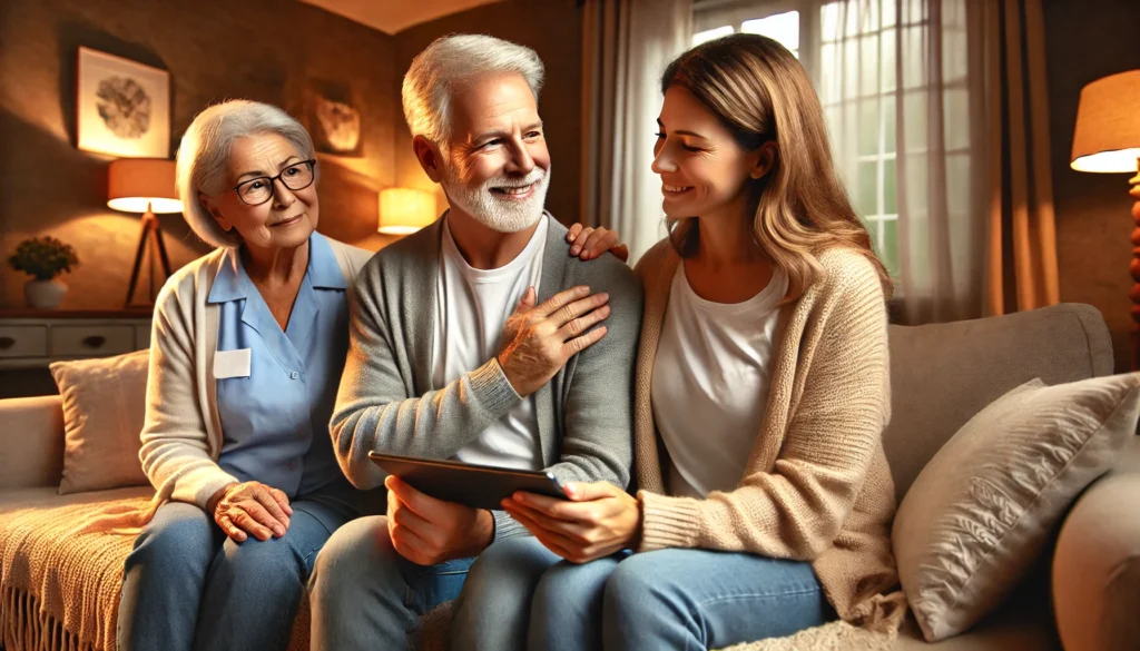 In a cozy home setting, an elderly man with dementia is comforted by his wife and a professional caregiver. The caregiver smiles reassuringly while holding a tablet, explaining care options. The wife looks relieved, sitting close to her husband. Warm lighting and soft furnishings create a safe and supportive environment.
