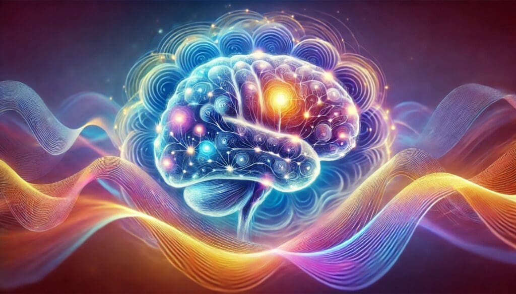 Glowing brain with interconnected neural pathways surrounded by colorful swirling waves, representing enhanced memory, cognitive development, and focus through effective studying.