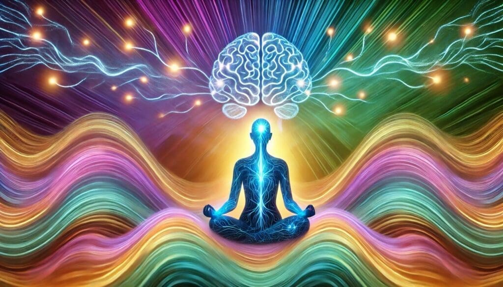 Person meditating with illuminated neural pathways extending from their head, surrounded by soft colorful waves, symbolizing cognitive enhancement, improved focus, and memory through mindful study methods.
