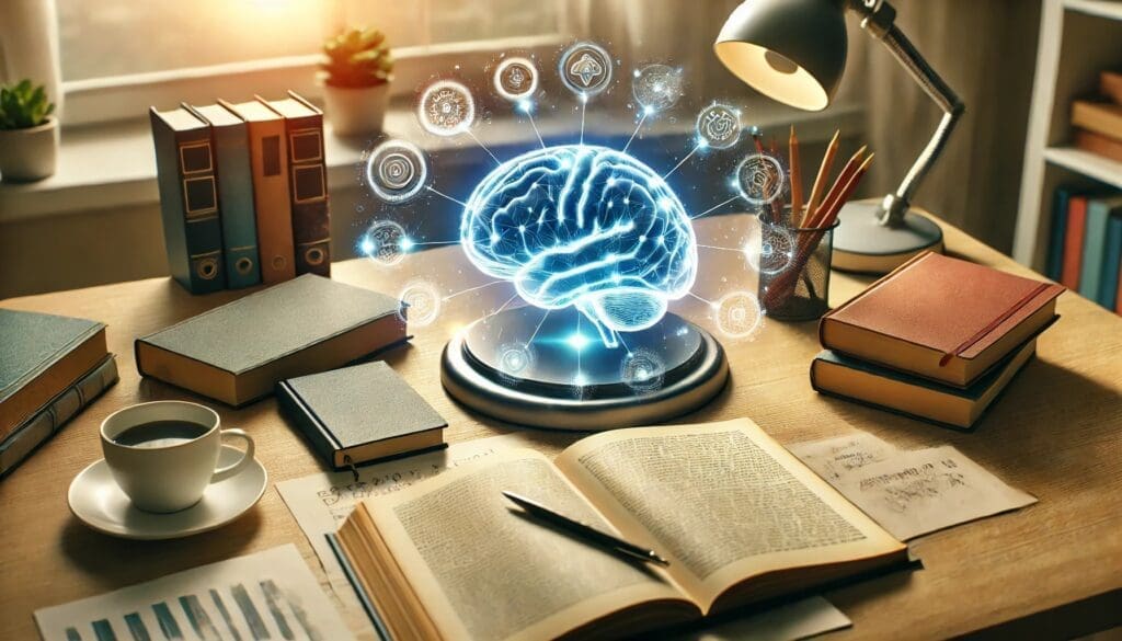 Overhead view of a study desk with open books, notes, and a glowing brain hologram, illustrating neural pathway strengthening, cognitive improvement, and enhanced memory through focused studying.
