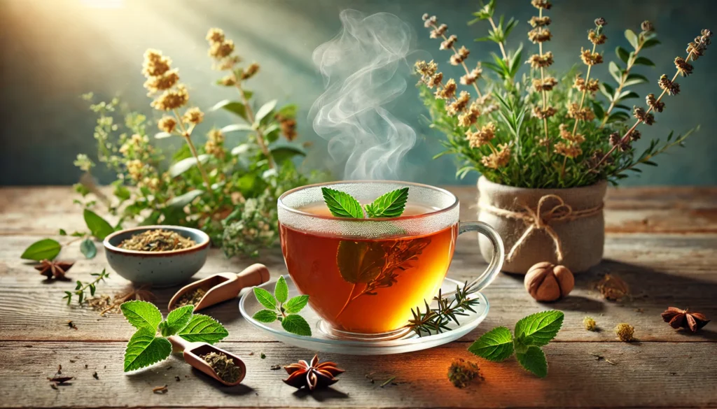 A steaming cup of herbal tea with fresh herbs on a wooden table, surrounded by calming natural elements. The warm, soothing beverage symbolizes natural ways to enhance brain performance and reduce brain fog through hydration and herbal remedies.
