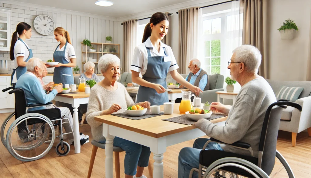 A well-staffed elderly care home dining area where seniors are enjoying nutritious meals in a communal setting. The environment is bright and cheerful, with caregivers engaging in friendly conversations