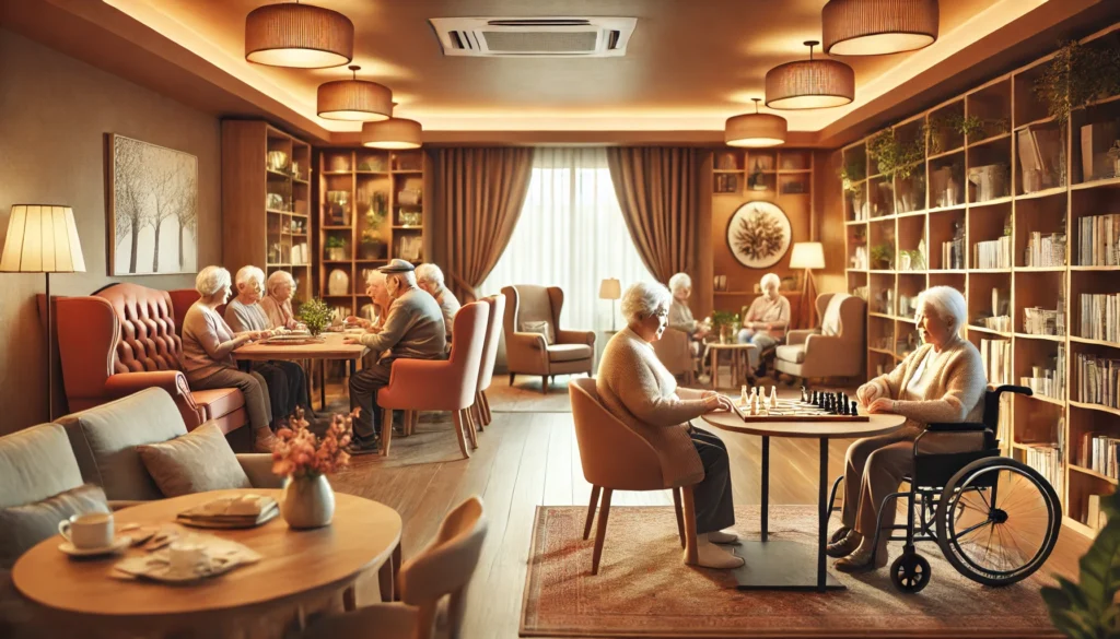 A cozy elderly care home common area where seniors participate in recreational activities such as board games, reading, and socializing. The space is warmly decorated with comfortable furniture and soft lighting.