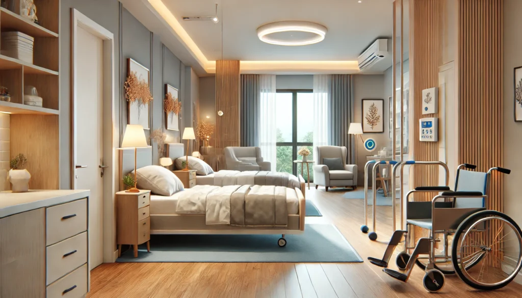 A modern elderly care home with private and shared rooms designed for comfort and accessibility. The rooms are well-lit, featuring cozy beds, personal decorations, and essential safety features.