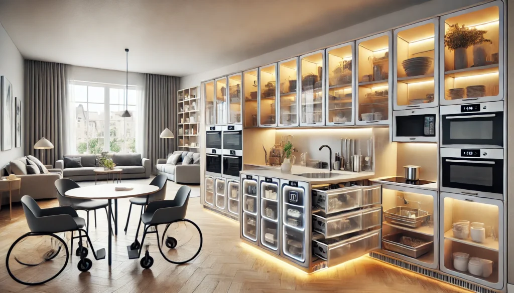 An open-layout kitchen with well-lit areas, transparent or labeled storage for easy identification, and high-contrast countertops for visibility. Safety features include induction cooktops and clutter-free pathways, complemented by a welcoming dining area for social engagement.