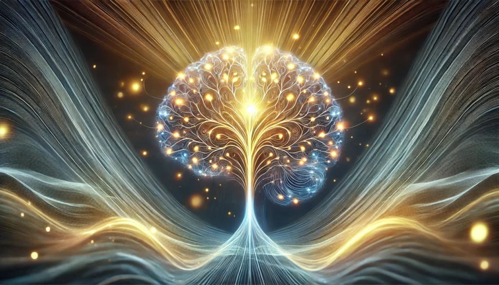 A visually stunning depiction of a brain forming new neural pathways through glowing, intertwining energy streams. The background features soft, flowing light waves in blue and gold, symbolizing cognitive growth and improved recall ability.