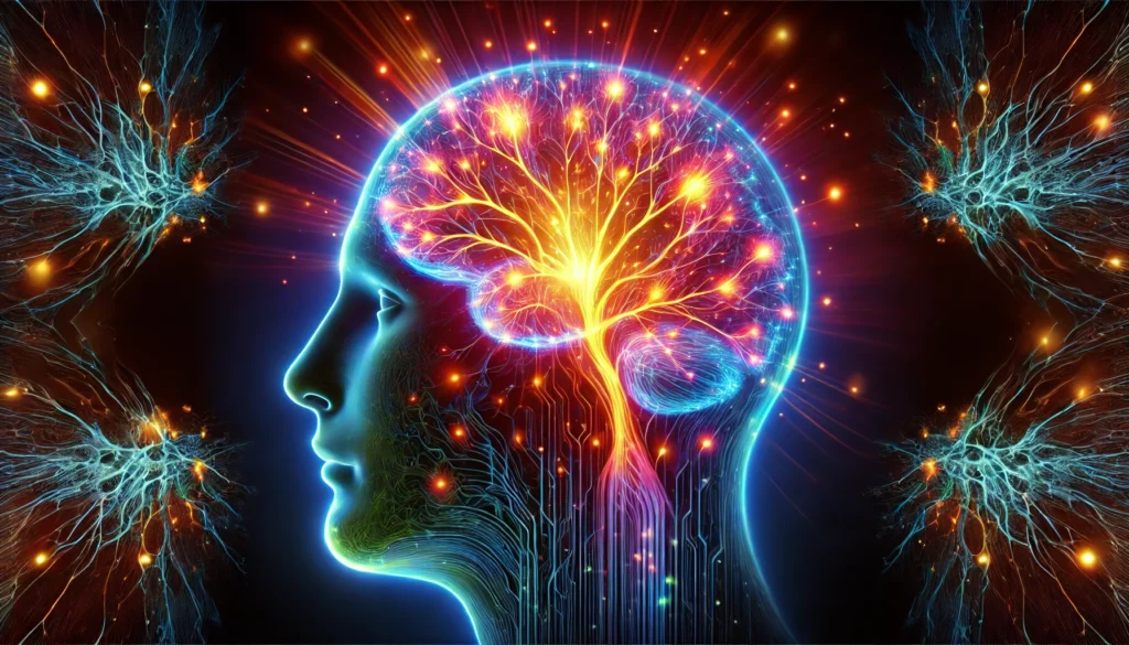 A conceptual artwork of a human head in profile, showcasing a glowing neural network inside. The brain area features branching connections resembling a digital circuit board, transitioning from deep blue to bright orange, symbolizing enhanced neuroplasticity and memory improvement.