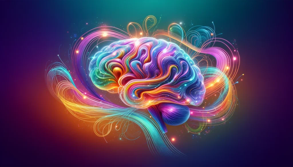 Glowing brain with vibrant interconnected neural pathways surrounded by colorful swirling waves, representing enhanced memory, knowledge retention, and cognitive development through effective learning strategies.