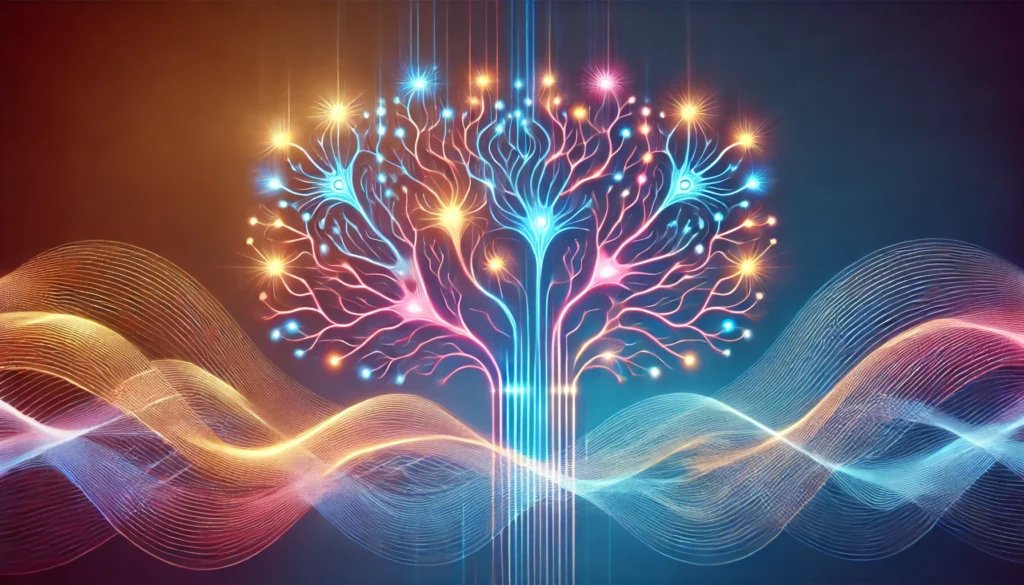 Interconnected glowing neurons forming a complex network with soft colorful waves, illustrating strengthened neural pathways, improved recall, and cognitive enhancement through proven study methods.