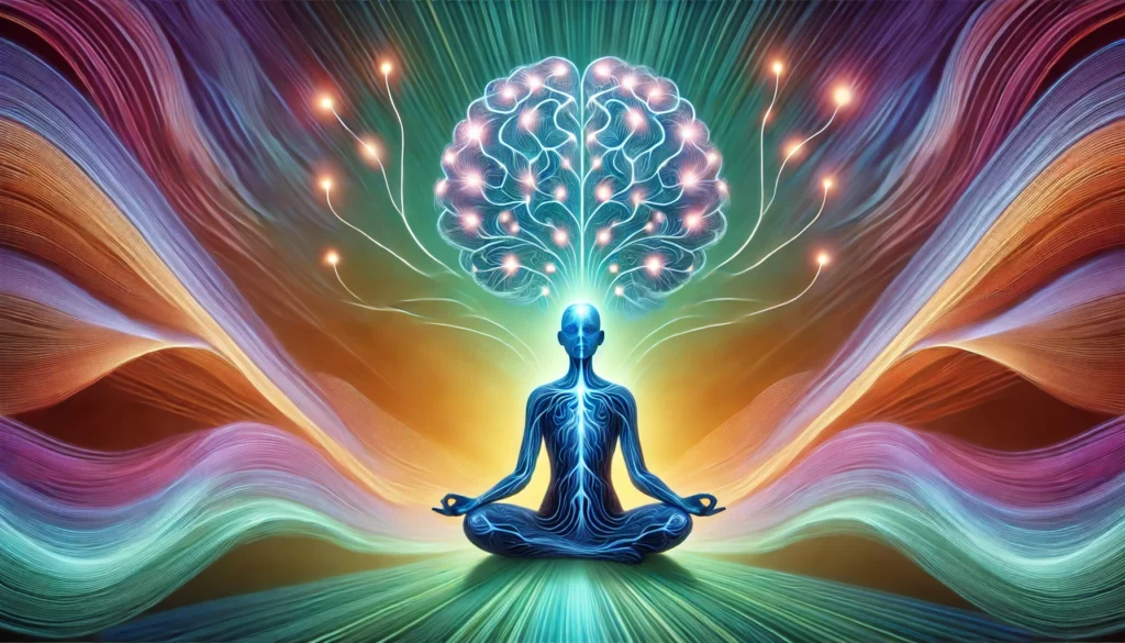 Person meditating with a glowing brain and illuminated neural pathways extending outward, surrounded by colorful waves symbolizing knowledge retention, mental clarity, and improved memory for studying.