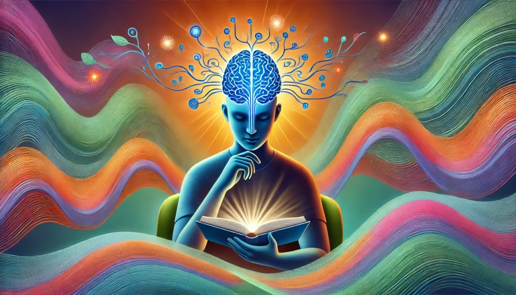 Person studying with illuminated neural pathways connected to their head, surrounded by colorful waves, representing improved knowledge absorption, enhanced memory, and better recall through effective learning techniques.