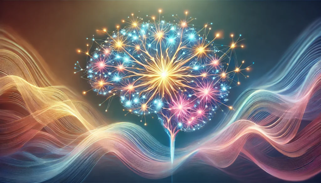 Interconnected glowing neurons forming a complex network with soft colorful waves surrounding them, illustrating the process of strengthening neural pathways for rapid cognitive growth and improved memory.