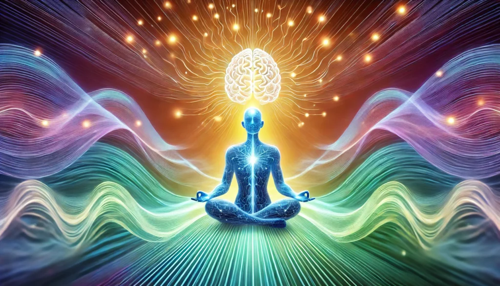 Person meditating with a glowing brain and radiant neural pathways extending outward, surrounded by colorful waves, symbolizing faster learning, enhanced memory retention, and cognitive clarity through neural strengthening techniques.