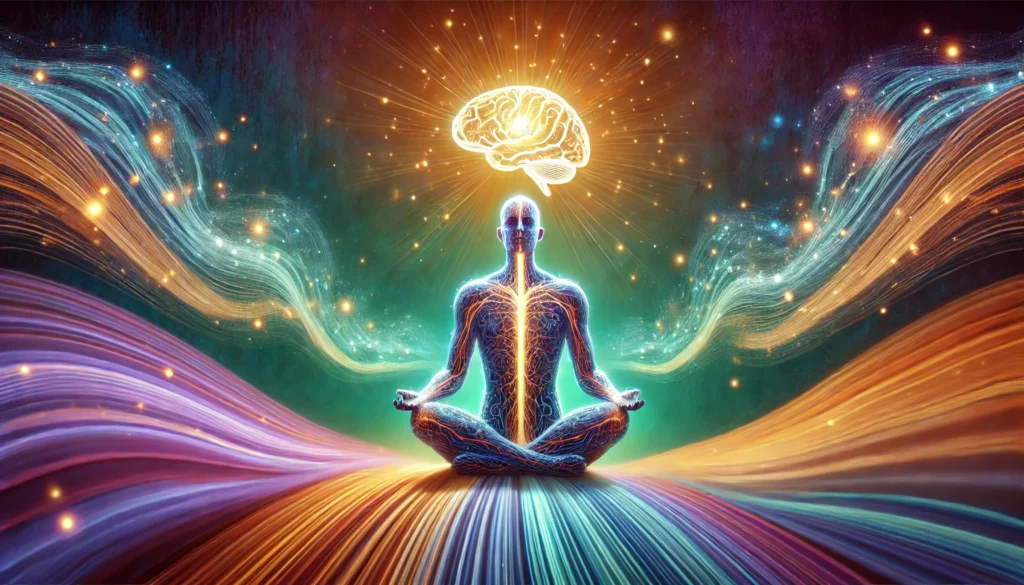 Person meditating with a glowing brain and illuminated neural pathways extending outward, surrounded by colorful waves, symbolizing improved cognitive processing, faster learning, and enhanced memory.
