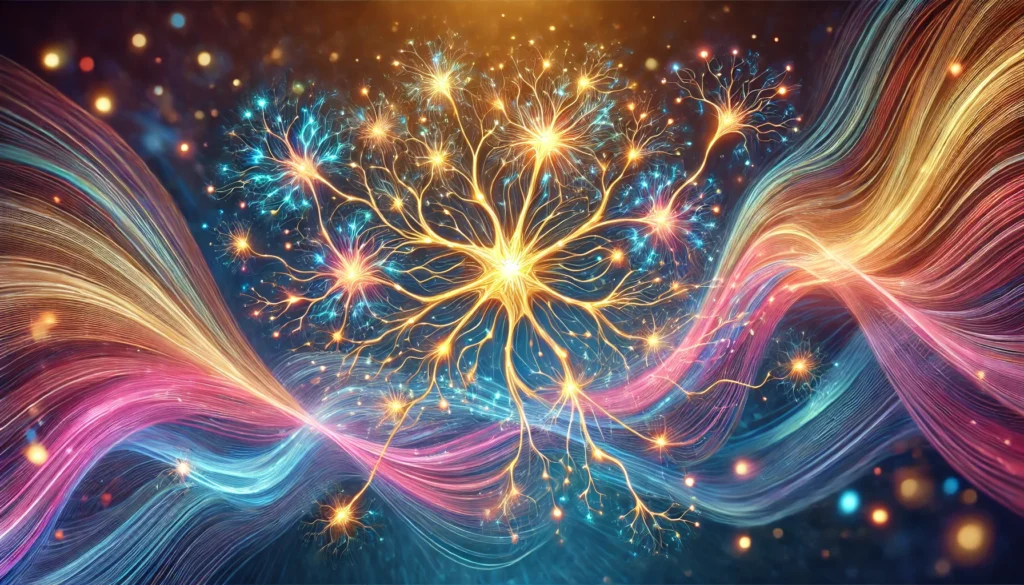 Interconnected glowing neurons forming an intricate network surrounded by soft colorful waves, illustrating enhanced memory, rapid recall, and faster learning through neural pathway strengthening.