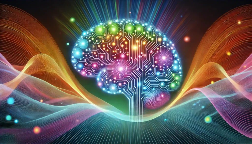 Glowing brain with vibrant interconnected neural pathways surrounded by colorful swirling waves, representing accelerated cognitive processing, faster learning, and improved memory retention.